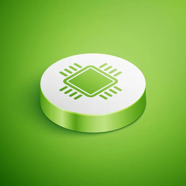 Processador de computador isométrico com microcircuitos ícone CPU isolado em fundo verde. Chip ou cpu com placa de circuito sinal. Micro processador. Botão de círculo branco. Ilustração vetorial — Vetor de Stock