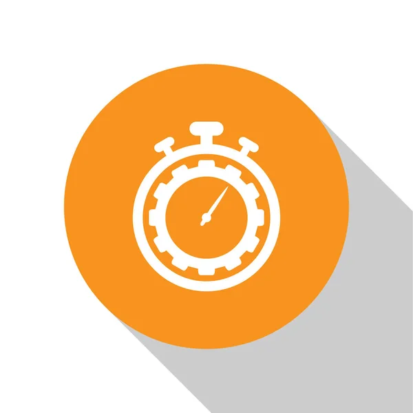 Λευκό εικονίδιο διαχείρισης ώρας απομονώνεται σε λευκό φόντο. Ρολόι και σήμα ταχυτήτων. Σύμβολο παραγωγικότητας. Πορτοκαλί κουμπί κύκλου. Απεικόνιση διανυσματικών φορέων — Διανυσματικό Αρχείο