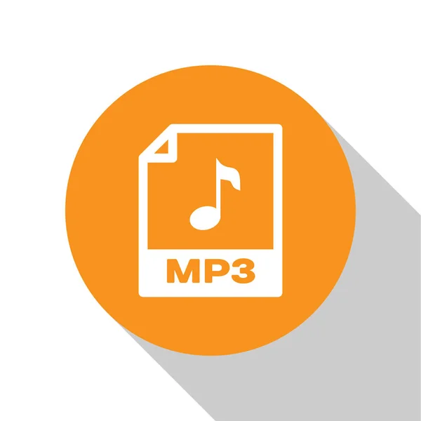 Біла піктограма файла документа MP3. Звантажити піктограму кнопок mp3 ізольовано на білому тлі. Знак музичного формату MP3. Символ файла MP3. Кнопка помаранчевого кола. Векторна ілюстрація — стоковий вектор