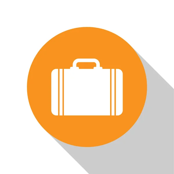 Maleta blanca para icono de viaje aislado sobre fondo blanco. Señal de equipaje de viaje. Icono de equipaje de viaje. Botón círculo naranja. Diseño plano. Ilustración vectorial — Vector de stock