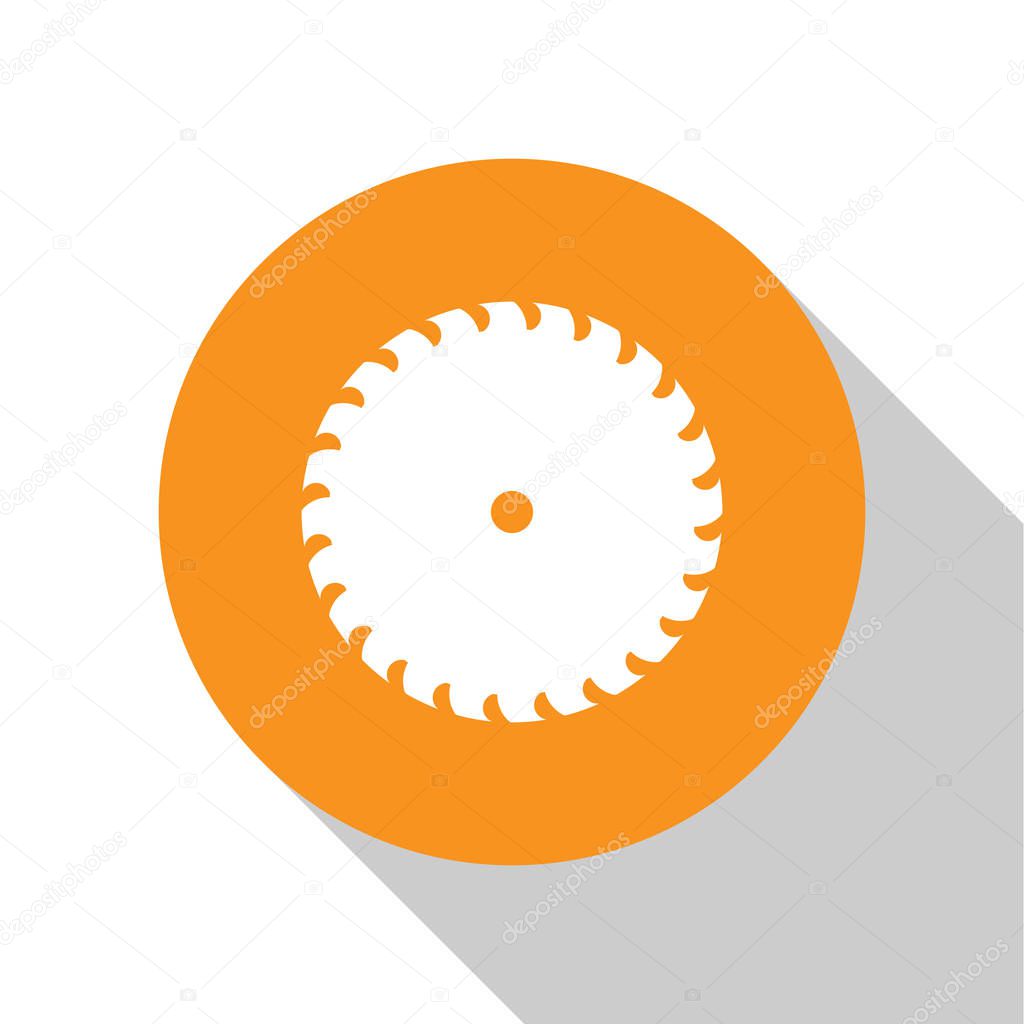 White Circular saw blade icon isolated on white background. Saw wheel. Orange circle button. Flat design. Vector Illustration