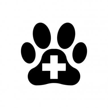 Siyah Veteriner kliniği sembol simgesi izole. Çapraz hastane tabelası. Stilize pençe baskı köpek veya kedi. Pet İlk Yardım işareti. Vektör İllüstrasyonu