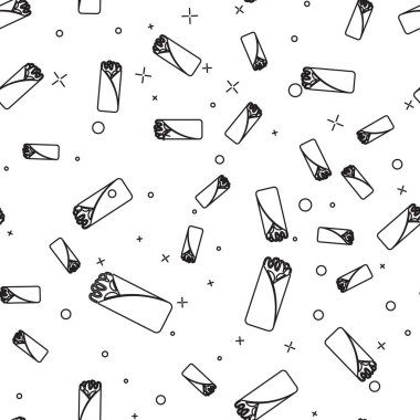 Siyah Burrito çizgi simgesi beyaz arka plan üzerinde izole dikişsiz desen. Geleneksel Meksika fast food'u. Vektör İllüstrasyonu