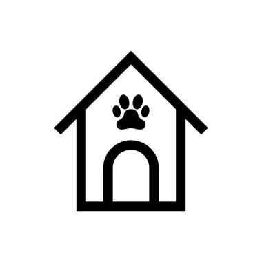 Black Dog ev ve pençe baskı pet simgesi izole. Köpek kulübesi. Vektör İllüstrasyonu