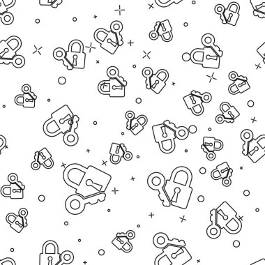 Siyah kilit ve anahtar simgesi beyaz arkaplanda izole edilmiş kusursuz desen. Asma kilit işareti. Güvenlik, güvenlik, koruma, gizlilik kavramı. Vektör İllüstrasyonu