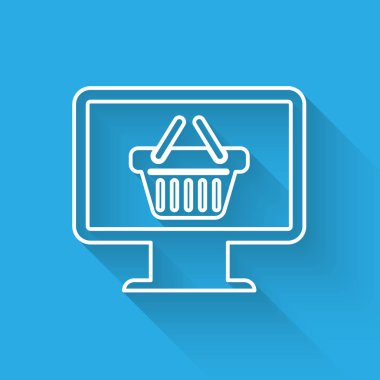 Uzun gölge ile izole alışveriş sepeti simgesi ile Beyaz Bilgisayar monitör. Online Alışveriş sepeti. Süpermarket sepeti sembolü. Vektör İllüstrasyonu