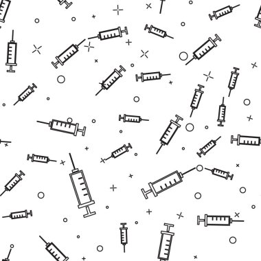 Siyah Şırınga simgesi beyaz arka plan üzerinde izole dikişsiz desen. Aşı, aşı, enjeksiyon, grip aşısı için şırınga. Tıbbi ekipmanlar. Vektör İllüstrasyonu