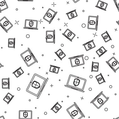 Siyah Laptop beyaz arka plan üzerinde izole edilmiş kalkan sembolü simgesi ile korunmaktadır. İnternet güvenliği kavramı. Pc güvenliği, güvenlik duvarı teknolojisi, gizlilik güvenliği. Vektör İllüstrasyonu