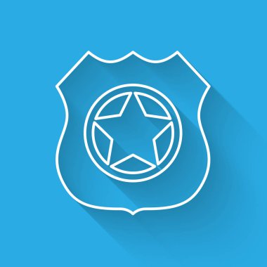 Beyaz Polis rozeti çizgi simgesi uzun gölge ile izole. Şerif rozeti işareti. Vektör İllüstrasyonu