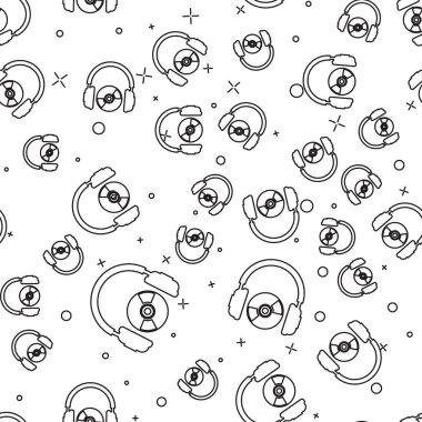 Siyah Kulaklıklar ve Cd veya Dvd simgesi beyaz arka plan üzerinde kesintisiz desen izole. Kulaklık işareti. Kompakt disk simgesi. Vektör İllüstrasyonu