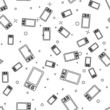 Siyah Mikrodalga fırın simgesi beyaz arka plan üzerinde dikişsiz desen izole. Ev aletleri simgesi. Vektör İllüstrasyonu