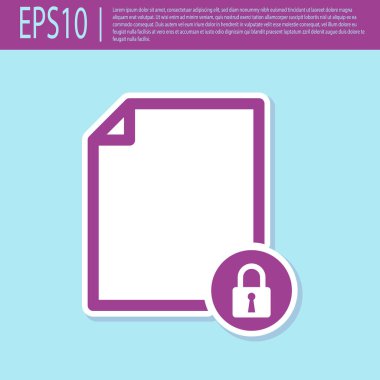 Retro mor belge ve kilit simgesi turkuaz arka planda izole edildi. Dosya biçimi ve asma kilit. Güvenlik, güvenlik, koruma kavramı. Vektör İllüstrasyonu