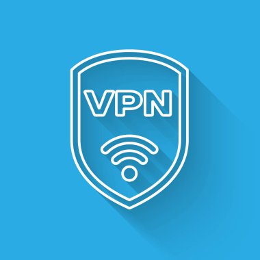 Vpn ve wifi kablosuz internet ağı sembol simgesi uzun gölge ile izole ile Beyaz Kalkan. Vpn güvenlik kavramını koruyun. Vektör İllüstrasyonu