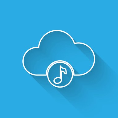 Beyaz Müzik akış hizmet satırı simgesi uzun gölge ile izole. Ses bulut bilgi işlem, online medya akışı, online şarkı, ses dalgası. Vektör İllüstrasyonu