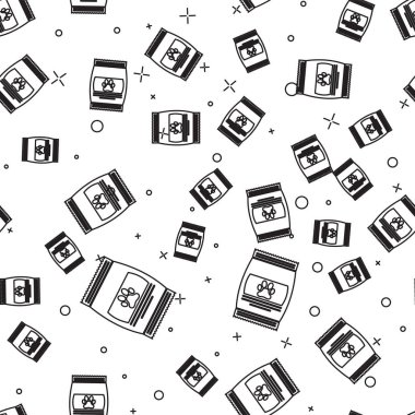 Beyaz arka plan üzerinde evcil hayvan simgesi izole dikişsiz desen için gıda Siyah Çanta. Hayvanlar için yiyecek. Evcil hayvan yiyecek paketi. Köpek ya da kedi pençesi izi. Vektör İllüstrasyonu