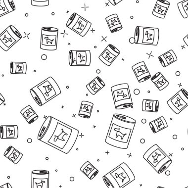 Beyaz arka plan üzerinde köpek simgesi izole dikişsiz desen için Siyah Konserve gıda. Hayvanlar için yiyecek. Evcil köpek maması olabilir. Vektör İllüstrasyonu