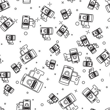 Siyah Akıllı araba güvenlik sistemi simgesi beyaz arka plan üzerinde sorunsuz desen izole. Akıllı telefon kablosuz araç güvenliğini kontrol eder. Vektör İllüstrasyonu