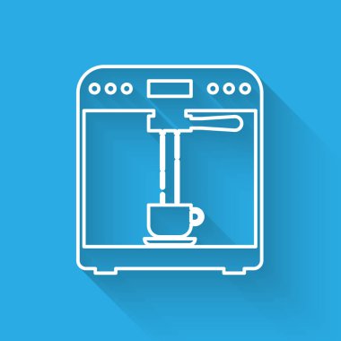 Beyaz Kahve makinesi ve kahve fincanı simgesi uzun gölge ile izole. Vektör İllüstrasyonu