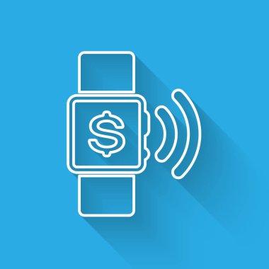 Beyaz Temassız ödeme simgesi uzun gölge ile izole. Kablosuz temassız işlemler yapan nfc teknolojisine sahip smartwatch. Vektör İllüstrasyonu