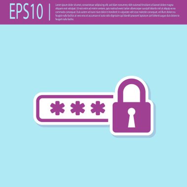 Retro mor Parola koruma ve turkuaz arka planda izole güvenlik erişim simgesi. Simgeyi kilitleyin. Güvenlik, güvenlik, koruma, gizlilik kavramı. Vektör İllüstrasyonu