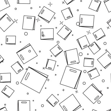 Siyah Kağıt alışveriş çantası çizgi simgesi beyaz arka plan üzerinde sorunsuz desen izole. Paket işareti. Vektör İllüstrasyonu