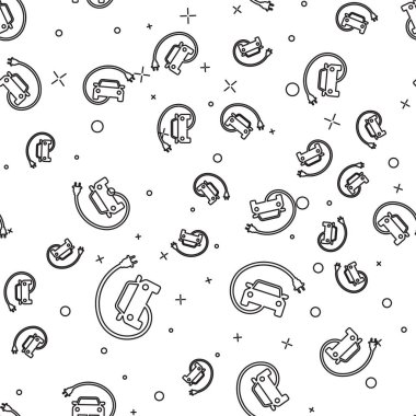 Siyah Elektrikli araba ve elektrik kablosu fişi şarj simgesi beyaz arka plan üzerinde izole dikişsiz desen. Yenilenebilir eko teknolojiler. Vektör İllüstrasyonu