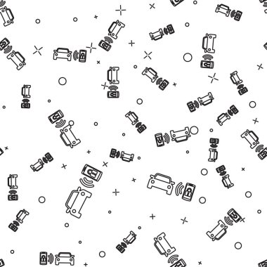 Siyah Akıllı araba alarm sistemi simgesi beyaz arka plan üzerinde sorunsuz desen izole. Akıllı telefon kablosuz araç güvenliğini kontrol eder. Vektör İllüstrasyonu