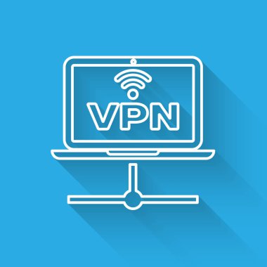 Beyaz Vpn Bilgisayar ağ hattı simgesi uzun gölge ile izole. Dizüstü bilgisayar ağı. İnternet bağlantısı. Vektör İllüstrasyonu