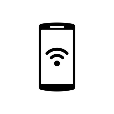 Beyaz arka planda ücretsiz wi-fi kablosuz bağlantı simgesine sahip Siyah Akıllı Telefon. Kablosuz teknoloji, wi-fi bağlantısı, kablosuz ağ, etkin nokta kavramları. Vektör İllüstrasyonu