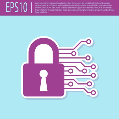 Retro mor Siber güvenlik simgesi turkuaz arka plan üzerinde izole. Dijital devre kartında kapalı asma kilit. Güvenlik konsepti. Dijital veri koruması. Vektör İllüstrasyonu