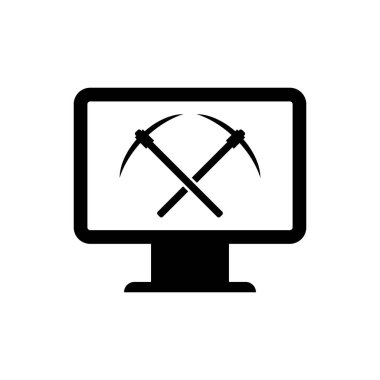 Monitör ve kazma simgesi izole ile Siyah Madencilik kavramı. Blockchain teknolojisi, kripto para madenciliği, dijital para piyasası. Vektör İllüstrasyonu
