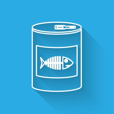 Uzun gölge ile izole kedi hattı simgesi için Beyaz Konserve gıda. Balık iskeleti işareti. Hayvanlar için yiyecek. Evcil köpek maması olabilir. Vektör İllüstrasyonu