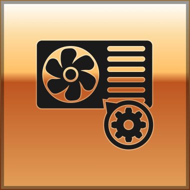 Siyah Klima ve dişli simgesi altın arka plan üzerinde izole. Uygulama, servis konsepti, ayar seçenekleri, bakım, onarım, sabitleme ayarlama. Vektör İllüstrasyonu