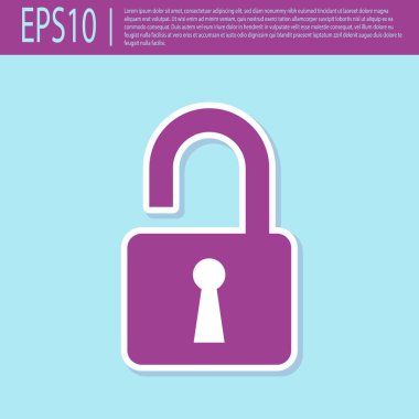 Retro mor Açık asma kilit simgesi turkuaz arka plan üzerinde izole. Kilit işaretini açtı. Siber güvenlik konsepti. Dijital veri koruması. Güvenlik güvenliği. Vektör İllüstrasyonu