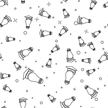 Siyah Ampul ve mezuniyet kapağı çizgi simgesi beyaz arka plan üzerinde dikişsiz desen izole. Üniversite Eğitimi kavramı. Vektör İllüstrasyonu