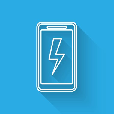 Beyaz Akıllı Telefon şarj pil hattı simgesi uzun gölge ile izole. Pil şarjı düşük olan telefon. Vektör İllüstrasyonu