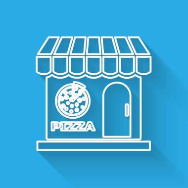 Beyaz Pizzeria bina cephe hattı simgesi uzun gölge ile izole. Fast food pizzacı büfesi. Vektör İllüstrasyonu