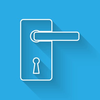 Uzun gölgeile yalıtılmış Beyaz Kapı kolu satır simgesi. Kapı kilidi tabelası. Vektör İllüstrasyonu