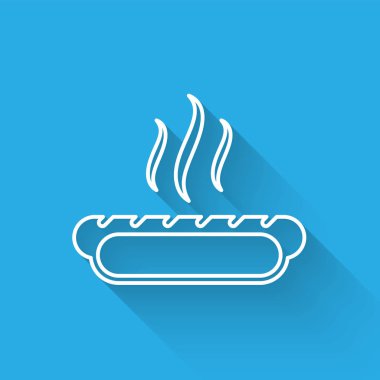 Hardal hattı simgesi uzun gölge ile izole ile Beyaz Hotdog sandviç. Sosis simgesi. Fast food işareti. Vektör İllüstrasyonu