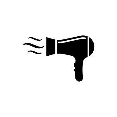 Beyaz arkaplanda siyah saç kurutma ikonu izole edildi. Saç kurutma makinesi tabelası. Saç kurutma sembolü. Sıcak hava üflüyor. Vektör İllüstrasyonu