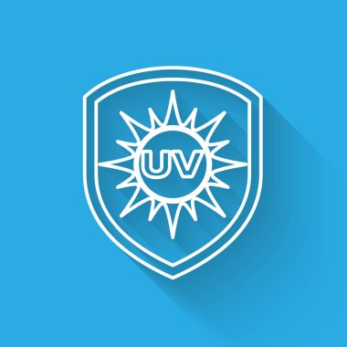 Beyaz Uv koruma simgesi uzun gölge ile izole. Güneş ve kalkan. Ultraviyole ışınları radyasyon. Spf güneş işareti. Vektör İllüstrasyonu