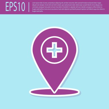Retro mor Tıbbi harita işaretçisi çapraz hastane simgesi turkuaz arka plan üzerinde izole ile. Düz tasarım. Vektör İllüstrasyonu
