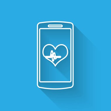 Kalp hızı monitörü fonksiyon simgesi uzun gölge ile izole ile Beyaz Smartphone. Vektör İllüstrasyonu