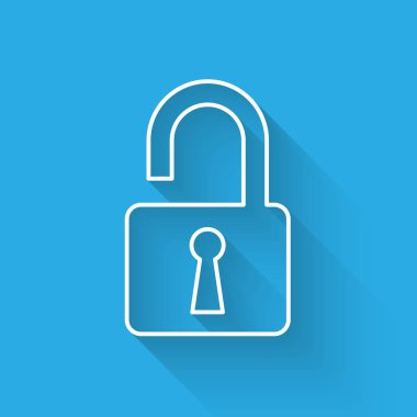 Beyaz Açık asma kilit çizgi simgesi uzun gölge ile izole. Kilit işaretini açtı. Siber güvenlik konsepti. Dijital veri koruması. Güvenlik güvenliği. Vektör İllüstrasyonu