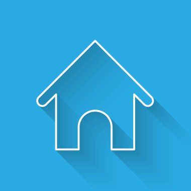 Beyaz Köpek ev satır simgesi uzun gölge ile izole. Köpek kulübesi. Vektör İllüstrasyonu