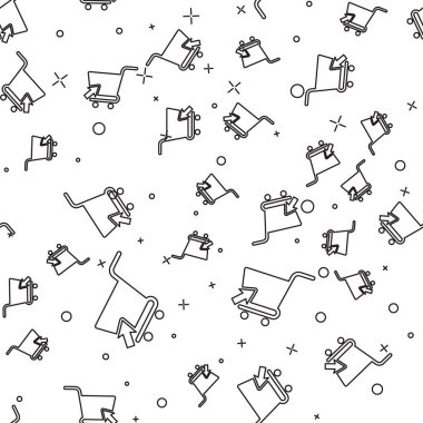 Beyaz arka plan üzerinde imleç simgesi izole dikişsiz desen ile Siyah Alışveriş sepeti. Online satın alma konsepti. Teslimat hizmeti işareti. Süpermarket sepeti sembolü. Vektör İllüstrasyonu