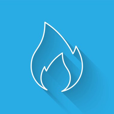 Beyaz Yangın alev hattı simgesi uzun gölge ile izole. Isı sembolü. Vektör İllüstrasyonu