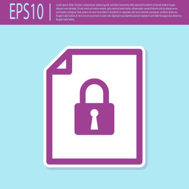 Retro mor belge ve kilit simgesi turkuaz arka planda izole edildi. Dosya biçimi ve asma kilit. Güvenlik, güvenlik, koruma kavramı. Vektör İllüstrasyonu