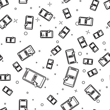 Siyah Cep telefonu ve alışveriş sepeti simgesi beyaz arka plan üzerinde sorunsuz desen izole. Online satın alma sembolü. Süpermarket sepeti sembolü. Vektör İllüstrasyonu