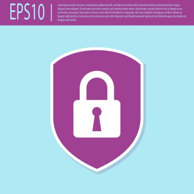 Turkuaz arka planda izole kilit simgesi ile Retro mor Shield güvenlik. Koruma, güvenlik, şifre güvenliği. Güvenlik duvarı erişim gizlilik işareti. Vektör İllüstrasyonu